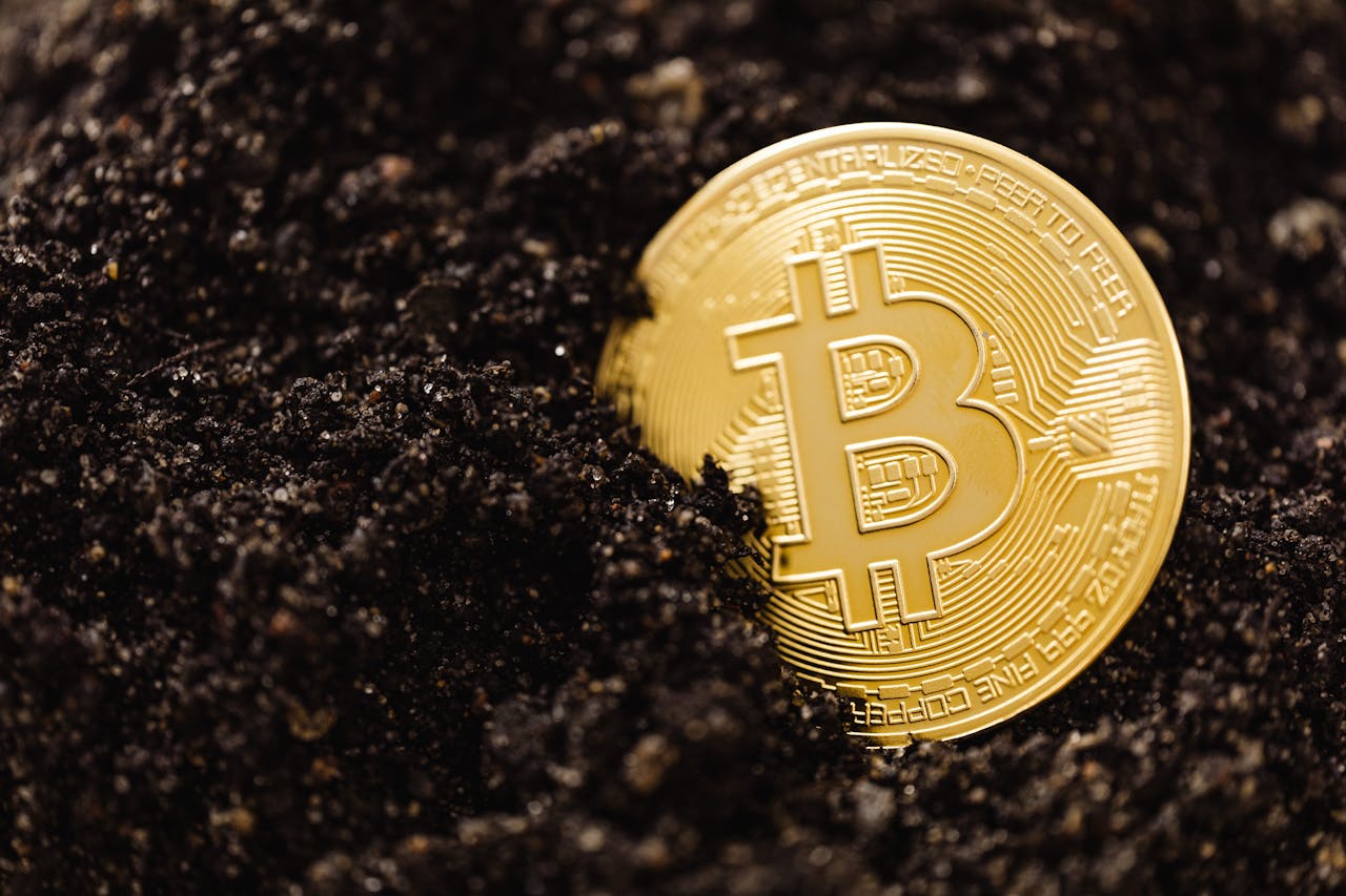 about-01 Close-up of a golden Bitcoin coin partially buried in soil, illustrating digital currency mining concept.